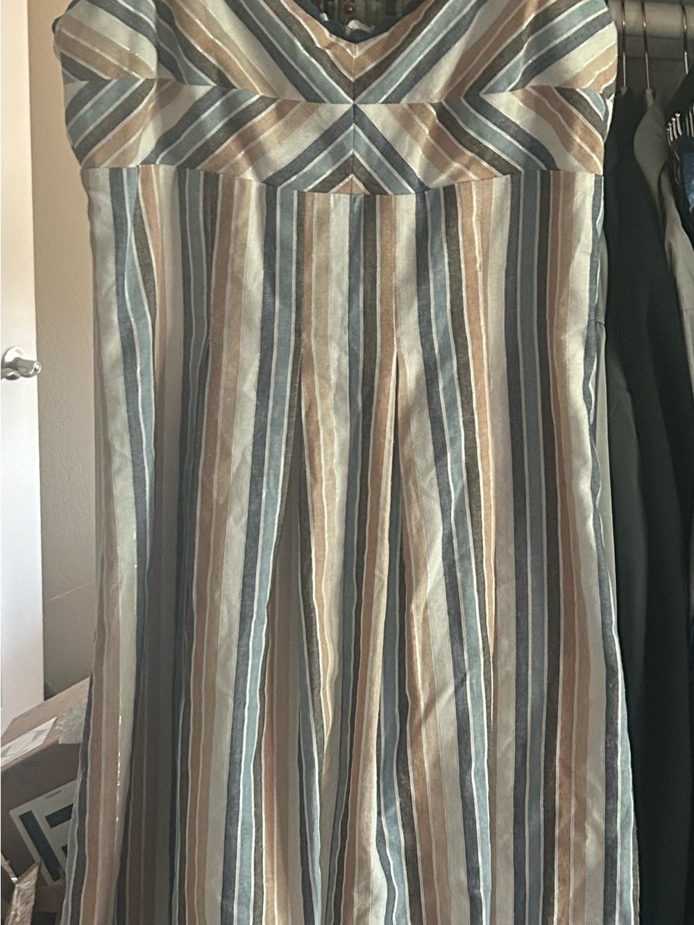 Adelyn Rae Striped Strapless Maxi Dress in Blue, Tan & Cream
